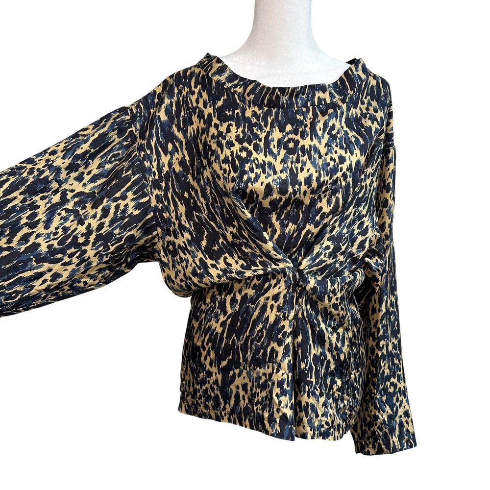 Dries‎ Van Noten 100% Silk Leopard Print Twisted Front Snap Blouse Blue Tan 42 - Picture 3 of 11
